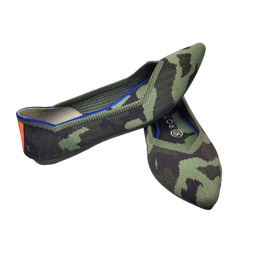 Rothy’s The Point Olive Green Camo Knit Ballet Flats Shoes Size 7.5